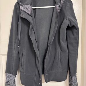 Gray Hooded Jacket with Silky Cuffs and Thumb Holes
